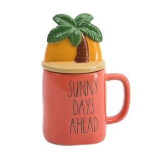 Rae Dunn “Sunny Days Ahead” Coral Mug with Palm Tree Sunset Topper
